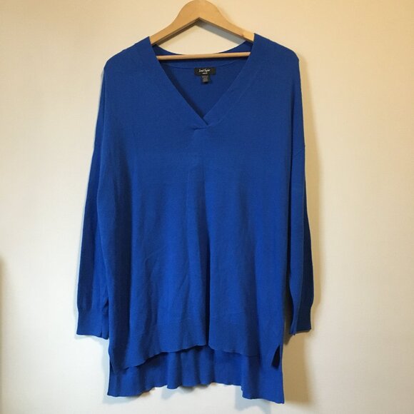 Lord & Taylor Long True Blue V-Neck High Low Knit Sweater - Picture 1 of 15